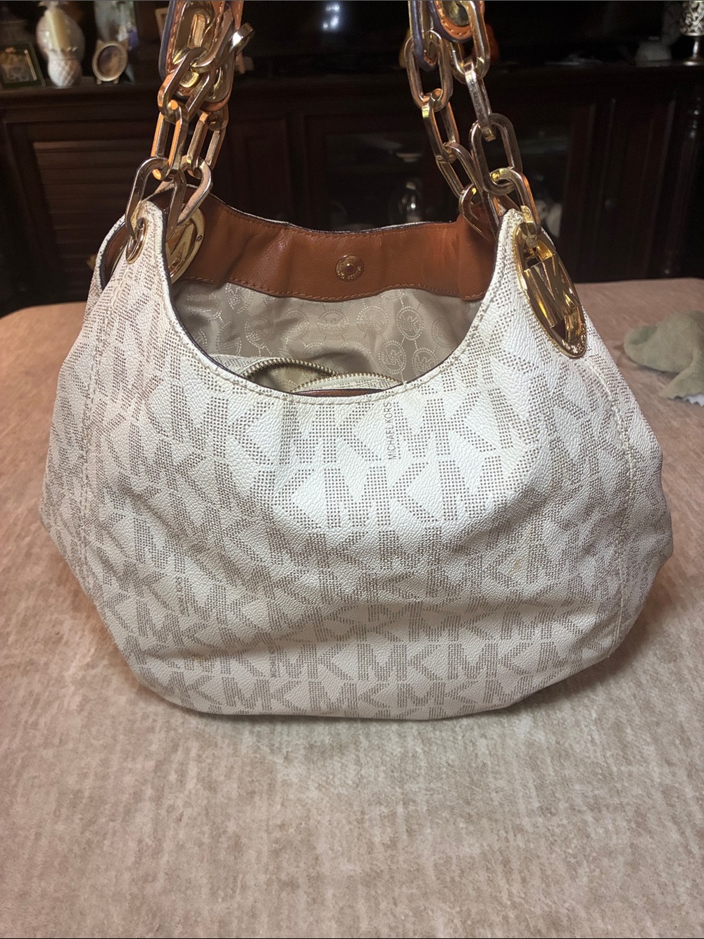 Michael Kors Beige & Tan Logo Chain-Handle‎ Hobo